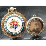 TwoTurquoise and Seed Pearl Memorial Pendants: (One) Yellow metal approx: 22.85mm in diameter, set