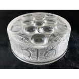 Rene Lalique France - A Roger Glass powder box and cover, circular decorated with frosted scrolls