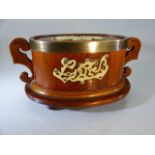 WWI Cherry wood oval money box with bone detailing marked 1917