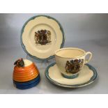 Clarice Cliff beehive honey pot (A/F) along with a Clarice Cliff Elizabeth II Coronation three piece