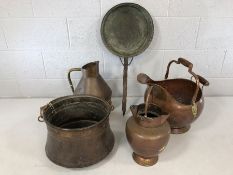 Collection of copper items to include vintage milk jug, coal scuttle, large antique jug etc