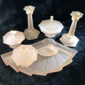 Art Deco pink glass dressing table set to include candlesticks