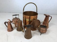 Collection of copper items to include coal bucket, jugs, kettle, tray and vintage coffee pot