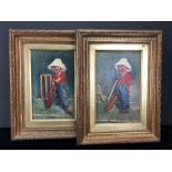 Pair of framed oils on board of boys playing cricket in the style of EP Kinsella