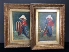 Pair of framed oils on board of boys playing cricket in the style of EP Kinsella