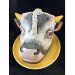 19th Century Staffordshire pottery bull's head cheese cover together with Oval yellow plate. Head