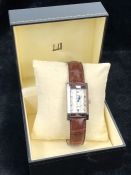 Alfred Dunhill stainless steel tank watch, with faceted glass, white rectangular dial, black Art