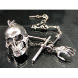 Silver albert-style watch chain set with skulls