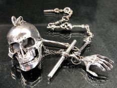 Silver albert-style watch chain set with skulls