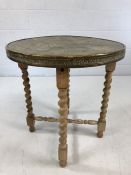 Indian tea table with turned legs and inscribed brass top