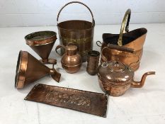 Collection of copper items to include brass-bound bucket, funnels, kettle etc.