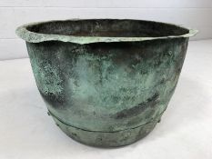 Weathered copper pot. Diameter approx 55cm, height approx 34cm.