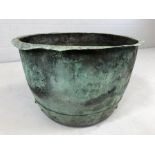 Weathered copper pot. Diameter approx 55cm, height approx 34cm.