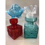 Two Dartington square formed vases, one in blue and one red along with a turquoise vaseline glass
