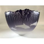 Malcolm Sutcliffe transparent purple Dolphin bowl single cased and acid polished