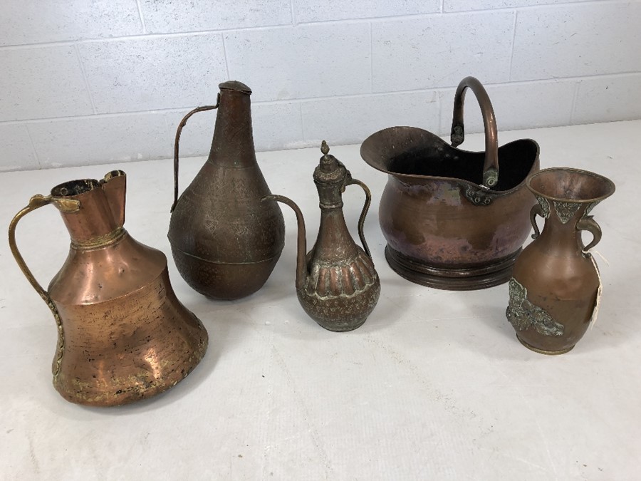 Collection of antique copper items to include ornate vase, coffee pot, Islamic water carrier etc. - Image 2 of 3