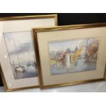 Two Watercolour paintings both by Molly Standing depicting a harbour scene and a castle & moat
