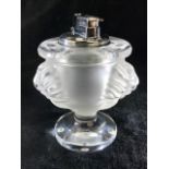 Lalique frosted glass Lion table lighter, the bulbous body decorated either side with a lions head