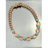 Victorian 15ct Yellow Gold Bracelet, set with 7 small cabochon Turquoise stones and Seed Pearls in a