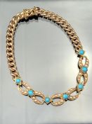 Victorian 15ct Yellow Gold Bracelet, set with 7 small cabochon Turquoise stones and Seed Pearls in a