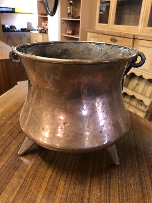 French Copper Soup kettle on tripod feet with iron handle