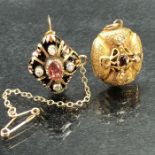Two Small Victorian Memorial Jewels: (One) Oval ‘Cross’ form Yellow metal Pendant measuring