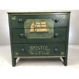 Painted pine three drawer chest of drawers with painted British clipper ship, lower drawer
