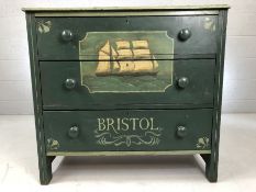 Painted pine three drawer chest of drawers with painted British clipper ship, lower drawer