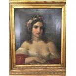 19th Century school - portrait of a girl with flowers in her hair, oil on canvas approx 56cm x