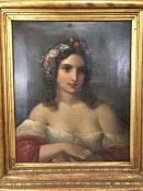 19th Century school - portrait of a girl with flowers in her hair, oil on canvas approx 56cm x