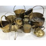 Collection of brass items to include coal scuttle, jugs, kettles, pans etc.
