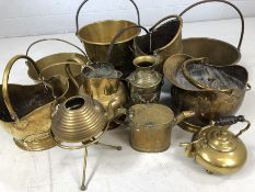 Collection of brass items to include coal scuttle, jugs, kettles, pans etc.