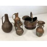 Collection of antique copper items to include ornate vase, coffee pot, Islamic water carrier etc.