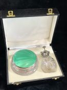 A silver and Green enamel Sheffield hallmarked Powder pot and a silver coloured and green enamel