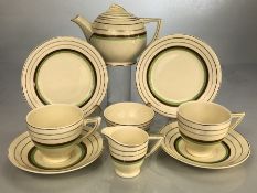 Wedgwood tea for two Art Deco teaset: two cups & saucers; milk; sugar; plates and teapot. Green