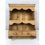 Pine kitchen wall rack with shelf and two drawers