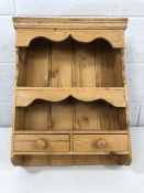 Pine kitchen wall rack with shelf and two drawers