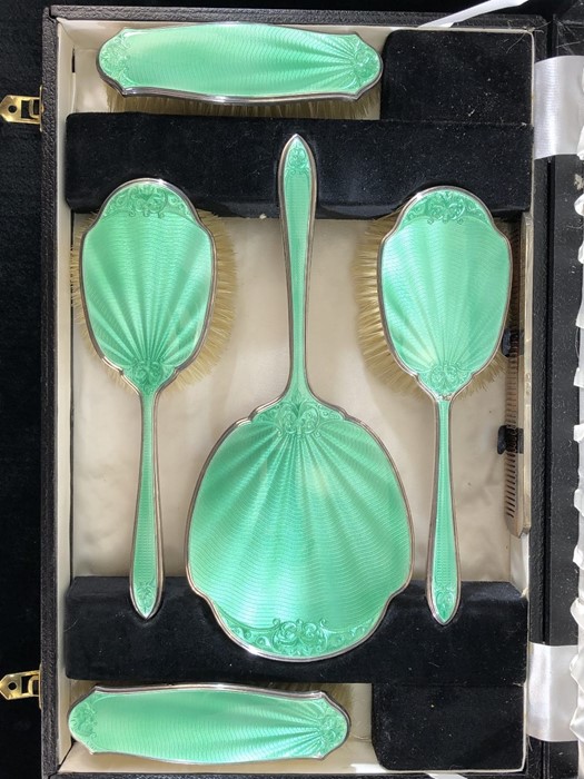 A silver and green enamel five piece dressing table set by Walker & Hall and a Silver hallmarked - Image 2 of 18