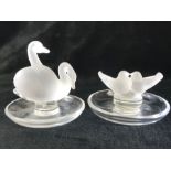 LALIQUE GLASS FIGURE DOUBLE SWANS PIN DISH, ETCHED LALIQUE FRANCE to base and a similar Lalique