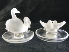 LALIQUE GLASS FIGURE DOUBLE SWANS PIN DISH, ETCHED LALIQUE FRANCE to base and a similar Lalique