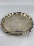 Hallmarked Silver Tray Sheffield (approx 601g) on three scroll feet maker Harrison Brothers & Howson