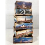 Set of six stacking wooden storage boxes / crates with decorative photographic designs