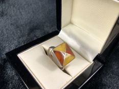 Two Colour Amber set Silver hallmarked ring size 'O'