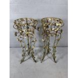 Pair of ornate large metal plant stands with painted metal flowers applied (approx 107cm tall)