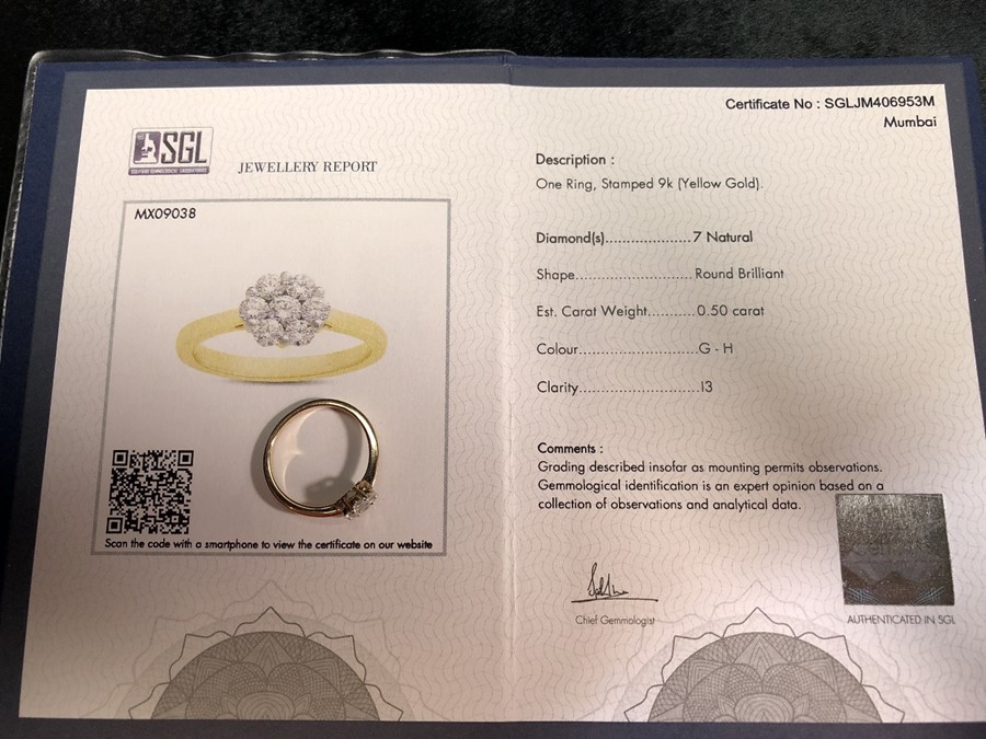 9ct Gold Daisy cluster Diamond ring with certificate stating est Carat weight 0.5 carat of seven - Image 4 of 8