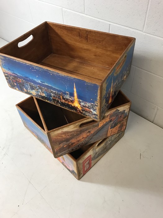 Set of three stacking wooden storage boxes / crates with decorative photographic designs - Image 3 of 3