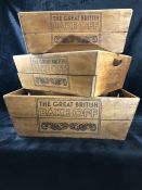 Three wooden storage boxes/trays stamped 'The Great British Bake-Off'