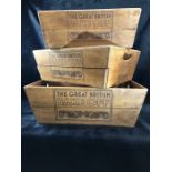 Three wooden storage boxes/trays stamped 'The Great British Bake-Off'