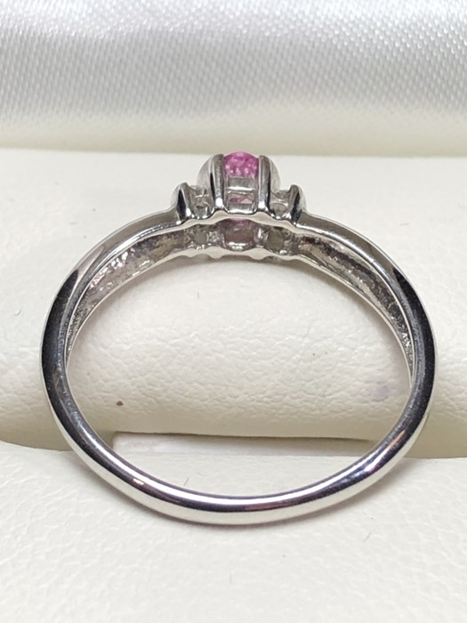 9ct White Gold ring set with Pink Sapphire and with two Diamonds to each shoulder (size 'L') - Image 2 of 3