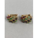 14K Earrings measuring approx:17.5mm x 13mm basket work set with 6 Emeralds, 4 Sapphires and 2